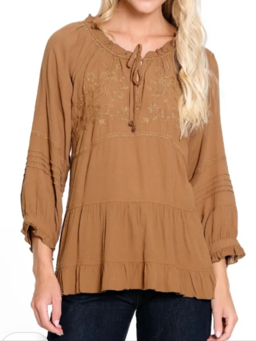 John Mark Brown Peasant Blouse with Embroidered Detail